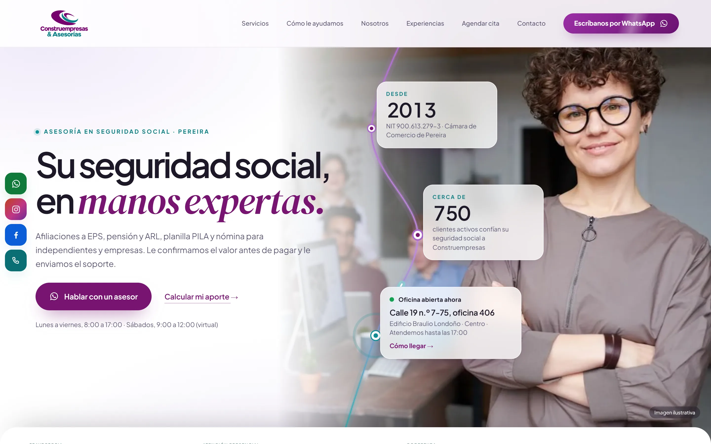 Portada del sitio de Construempresas: «Su seguridad social, en manos expertas», con una asesora sonriente y los datos de su oficina en Pereira.