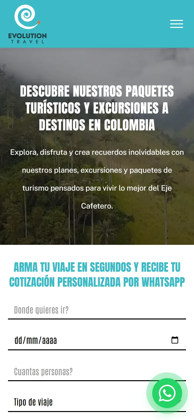 El sitio de Evolution Travel en un celular: la agencia de viajes del Eje Cafetero cuyo WhatsApp atiende Lucía.