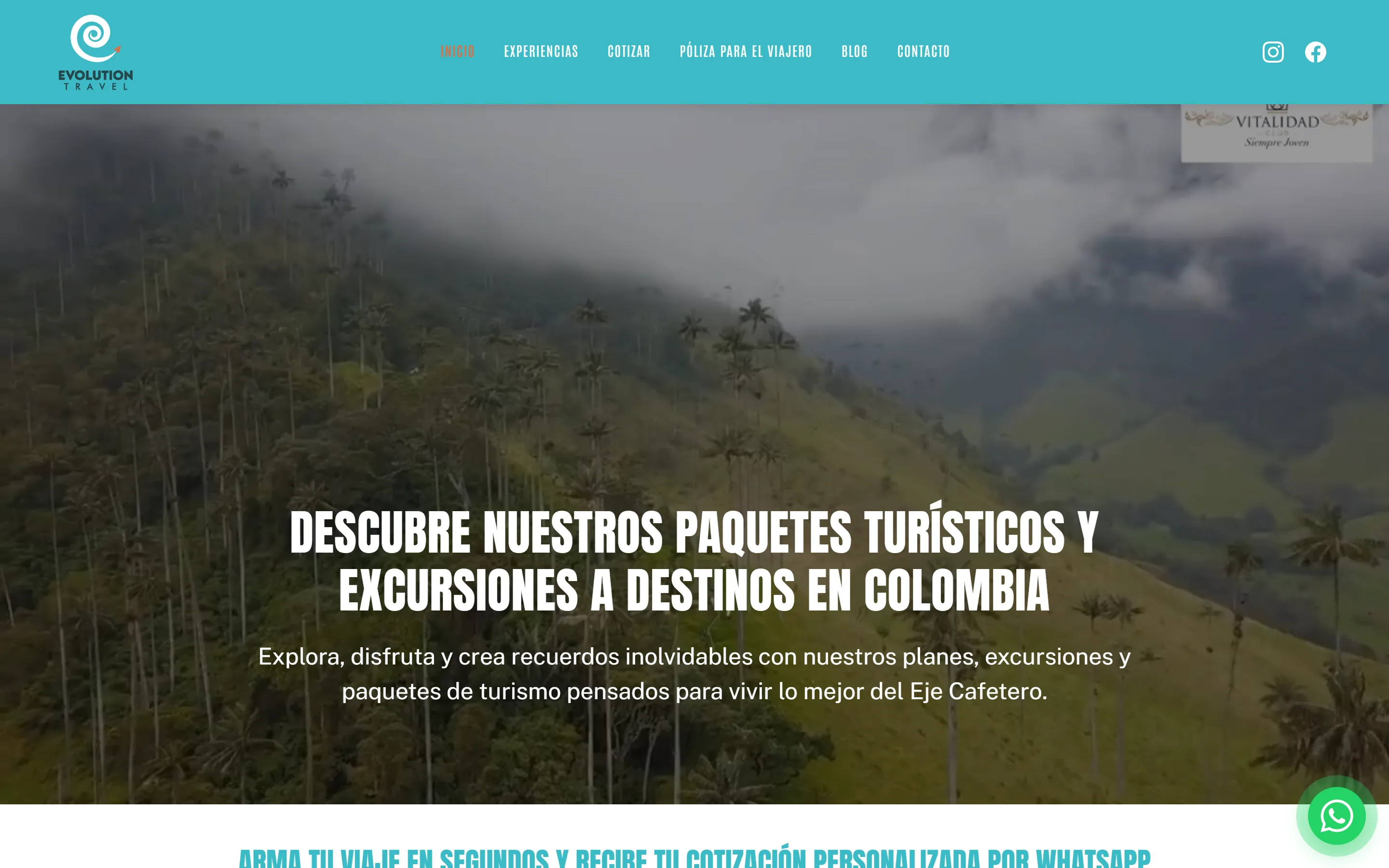 Portada del sitio de Evolution Travel: paquetes turísticos por el Eje Cafetero sobre un valle con palmas de cera entre la niebla.