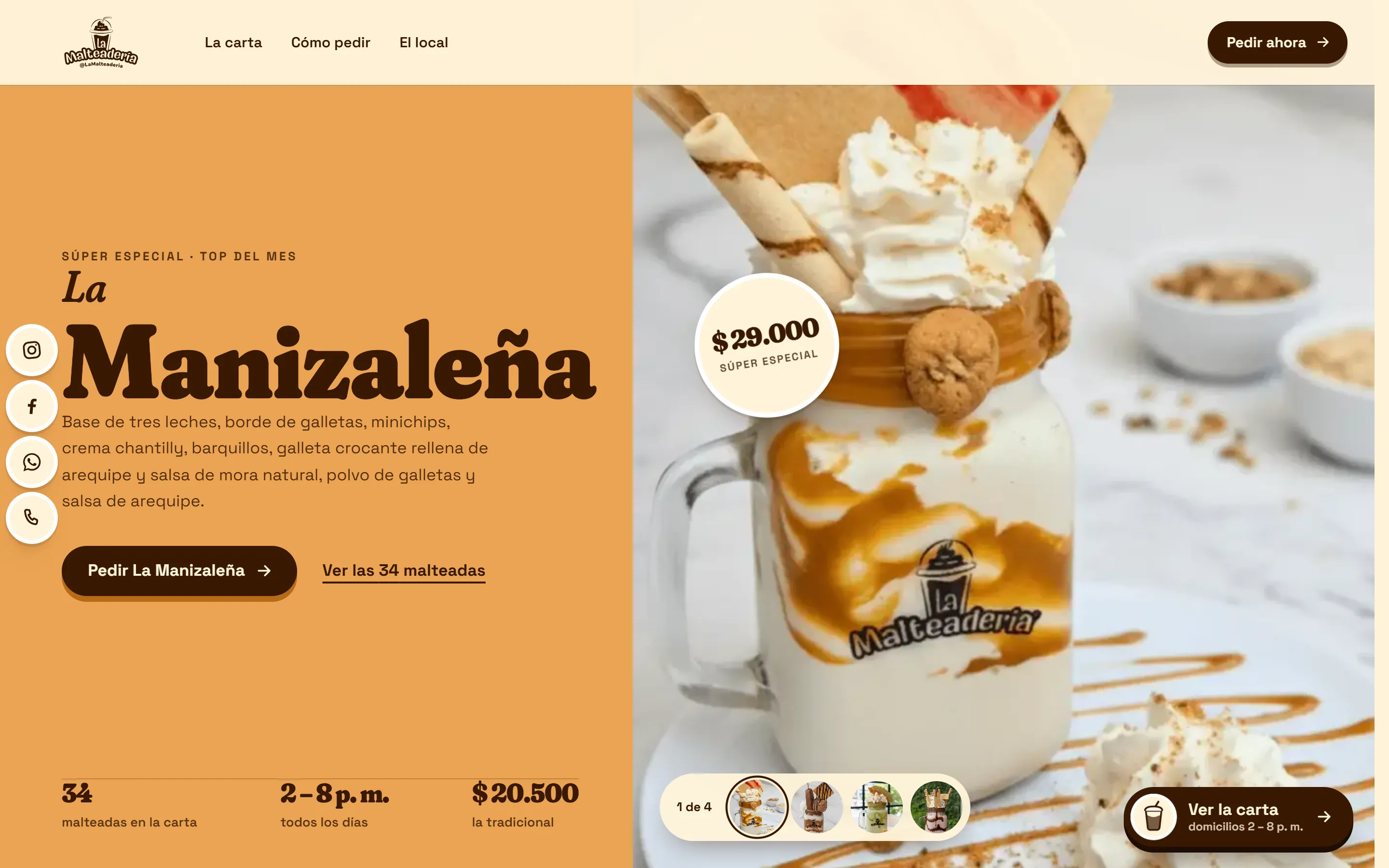 Portada del sitio de La Malteadería con su malteada «La Manizaleña» y, en el celular, su app de pedidos: «Sabores que enamoran».